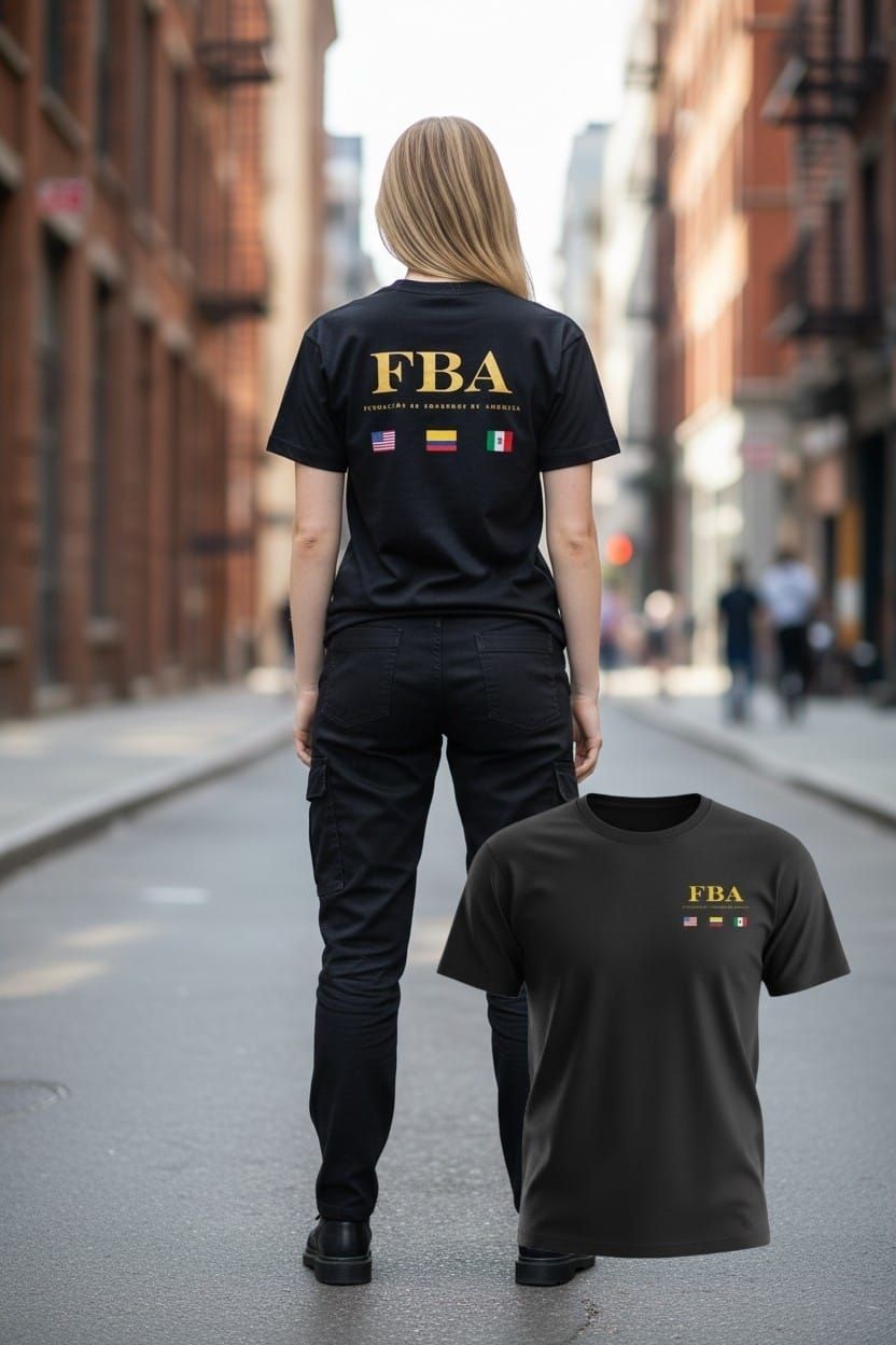 Camiseta negra con el texto dorado “FBA” y pequeños iconos de banderas, mostrada por delante y por detrás