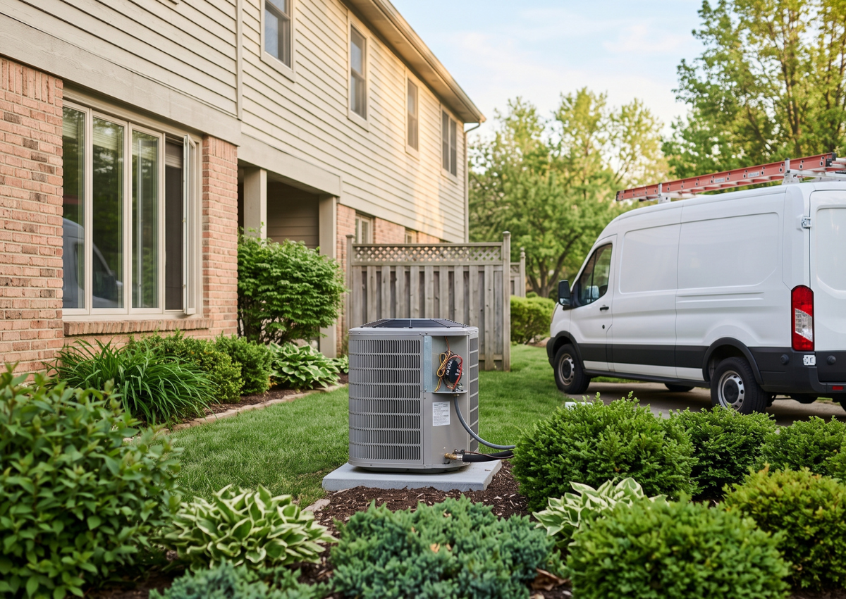 Air conditioner unit beside a suburban house, with a white van parked nearby and shrubs in the yard