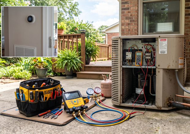 HVAC outdoor unit open for service, with tools, gauges, and equipment on the patio
