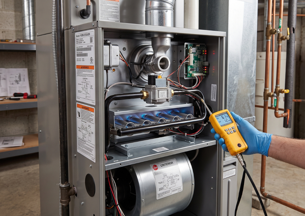 Technician testing a gas furnace with a digital multimeter in a utility room