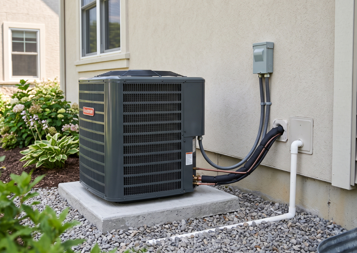 Outdoor air conditioner unit beside a house with electrical conduit and gravel landscaping