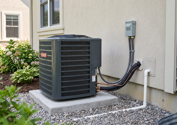Outdoor central air conditioning unit beside a house wall with connected electrical and refrigerant lines