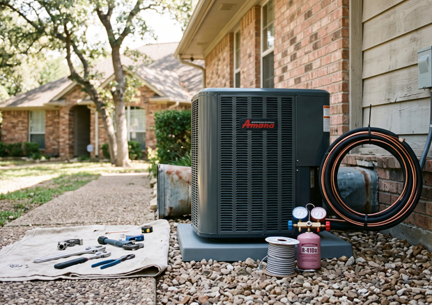 Outdoor HVAC unit with tools, coiled refrigerant hose, and service bottles beside a brick house
