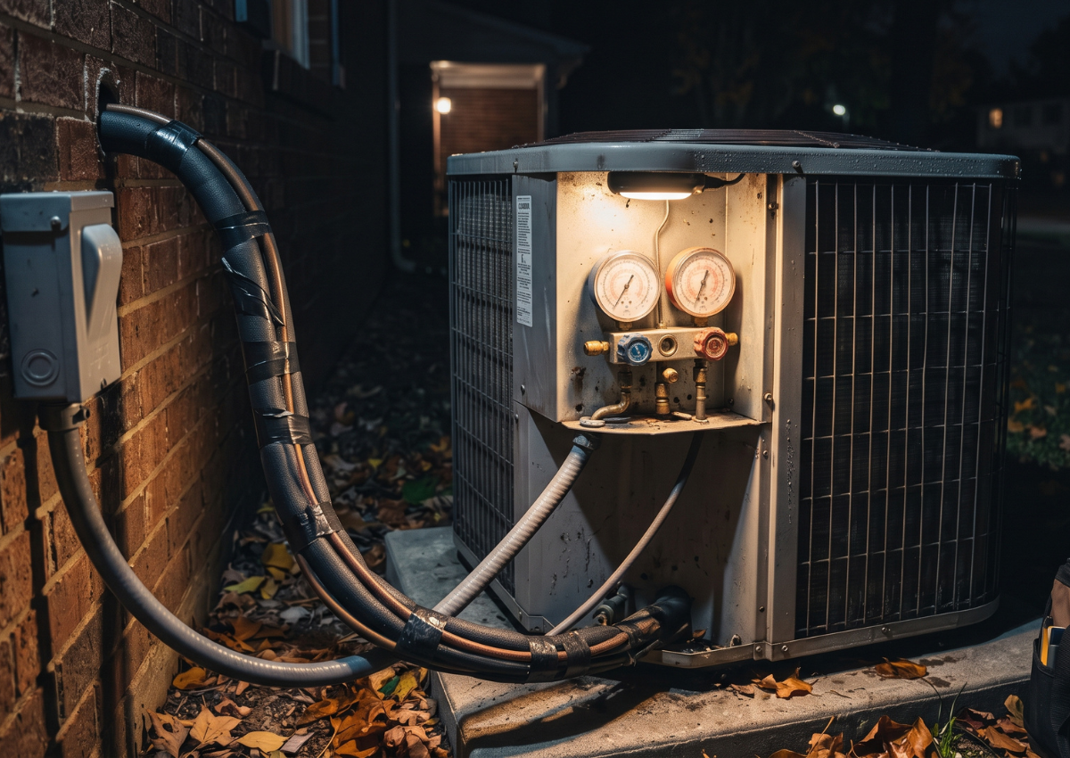 Outdoor HVAC unit with open panel, gauges, and thick hoses at night
