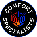 Comfort Specialists logo with red, blue, and orange stylized emblem on a black background