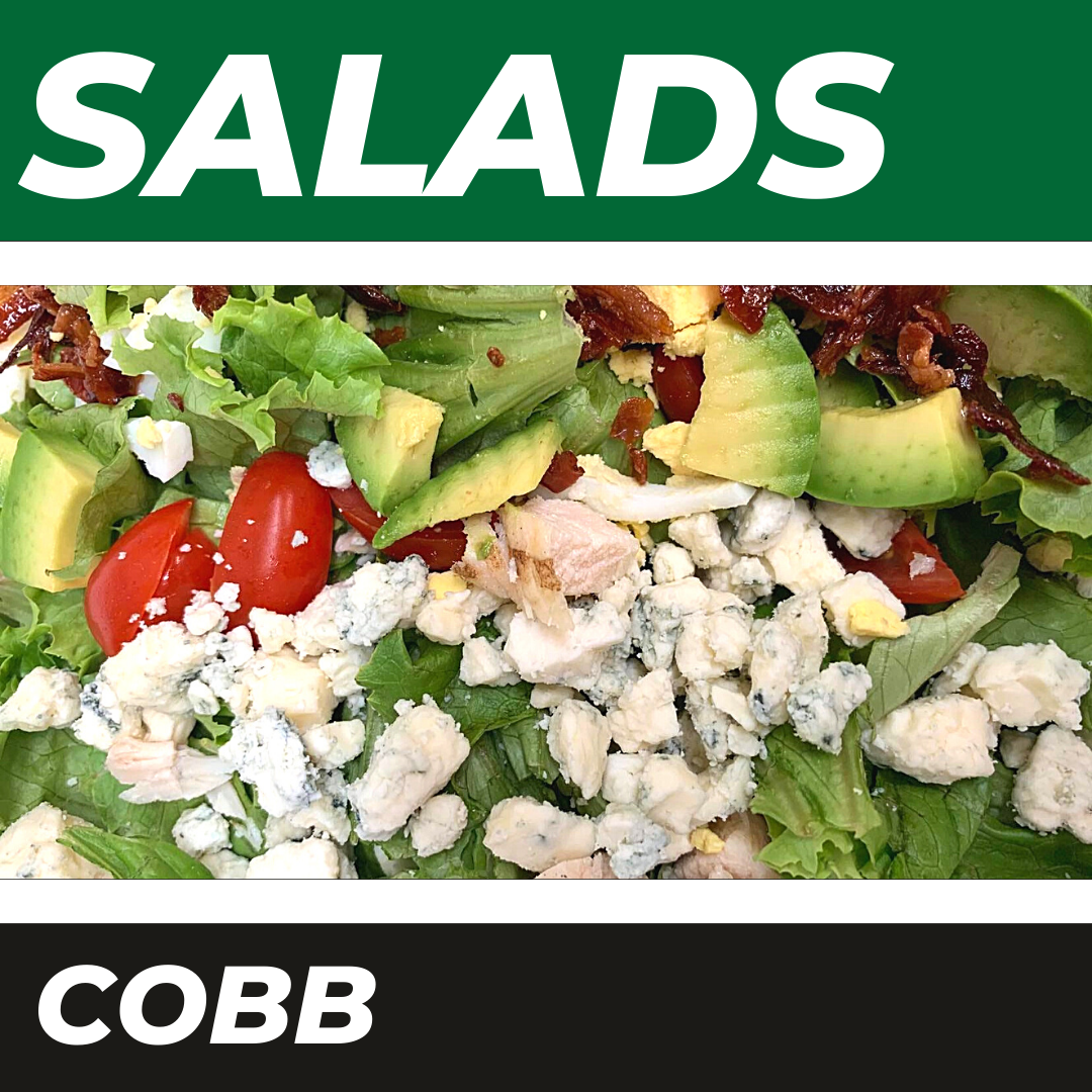 A Cobb salad with lettuce, avocado, cherry tomatoes, and crumbled blue cheese, labeled under the heading 