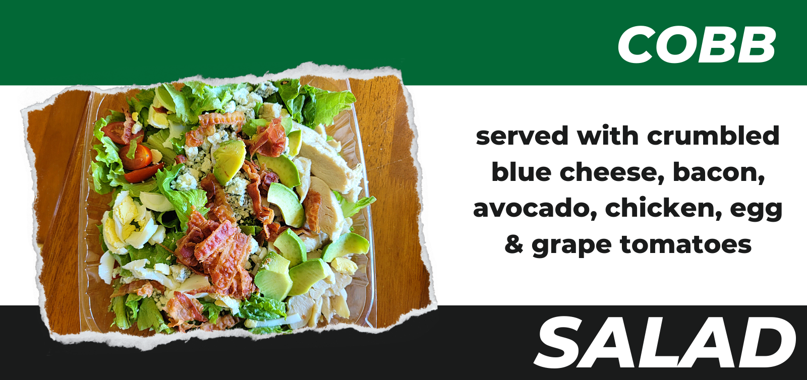 A menu graphic for a Cobb salad, featuring a photo of the salad next to a list of its ingredients: blue cheese, bacon, more.