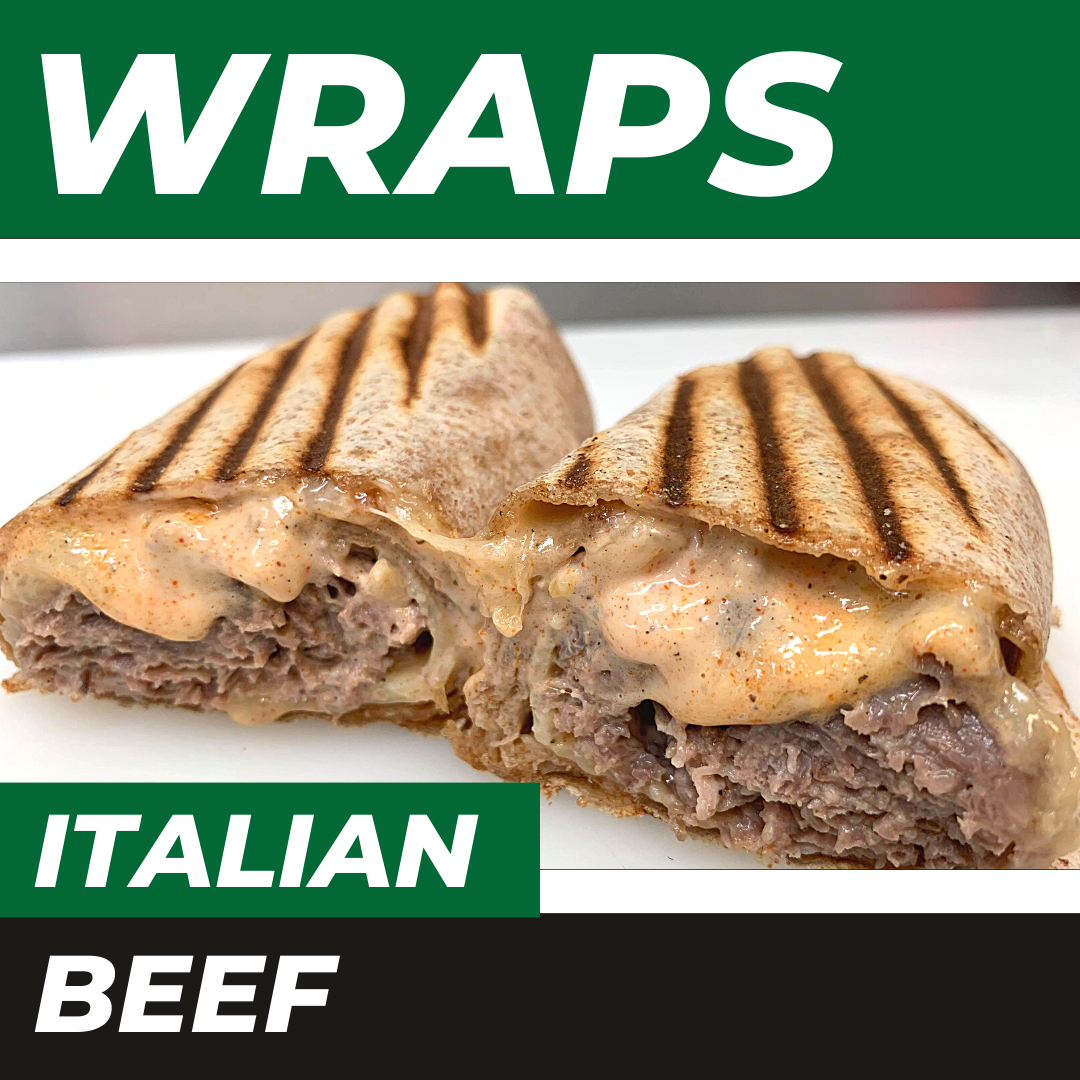 An Italian Beef wrap sliced in half, featuring toasted grill marks, melted cheese, and beef, against a dark green background.