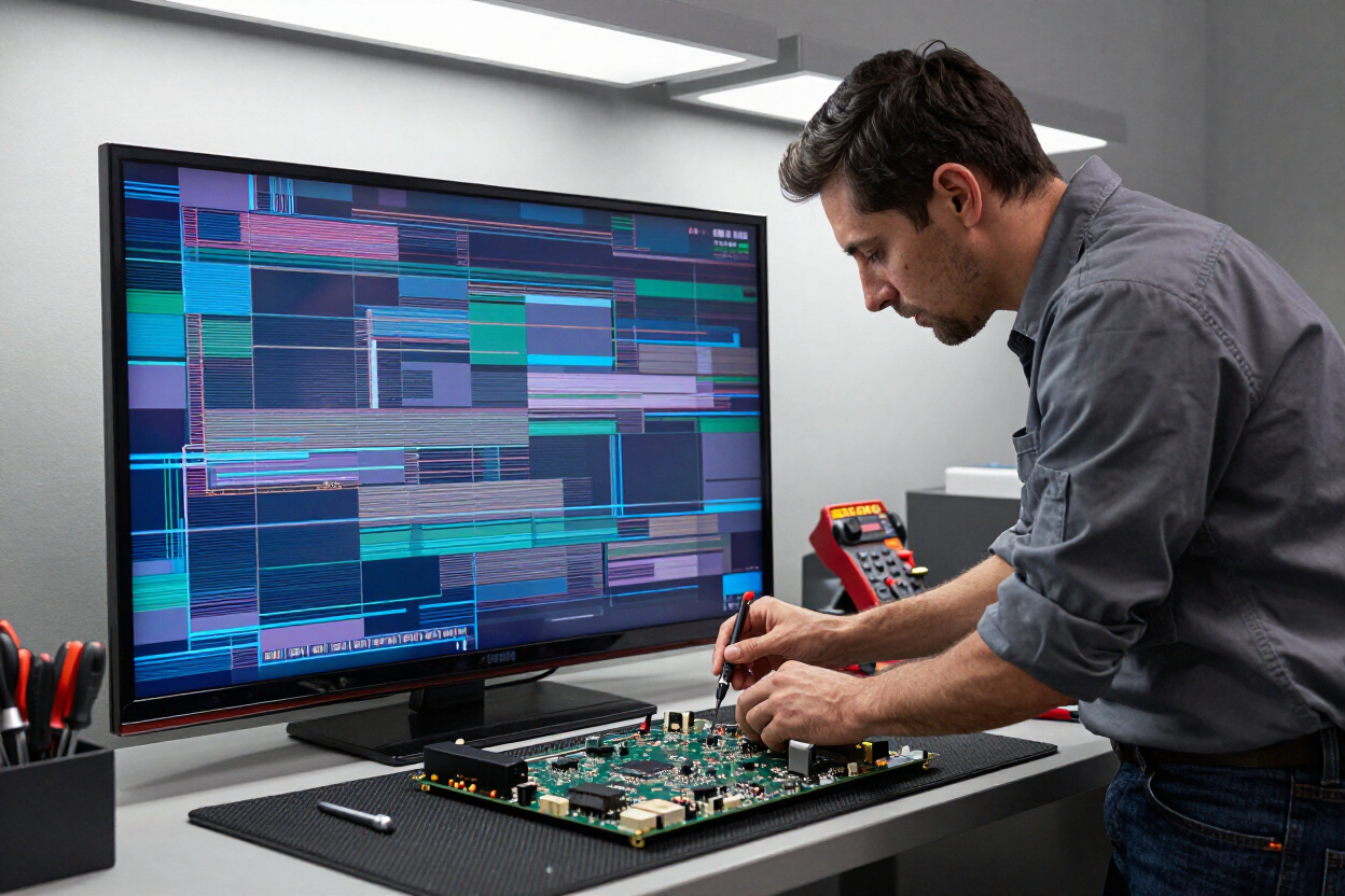 Un técnico ajusta una placa de circuito impreso junto a un monitor grande que muestra esquemas digitales.