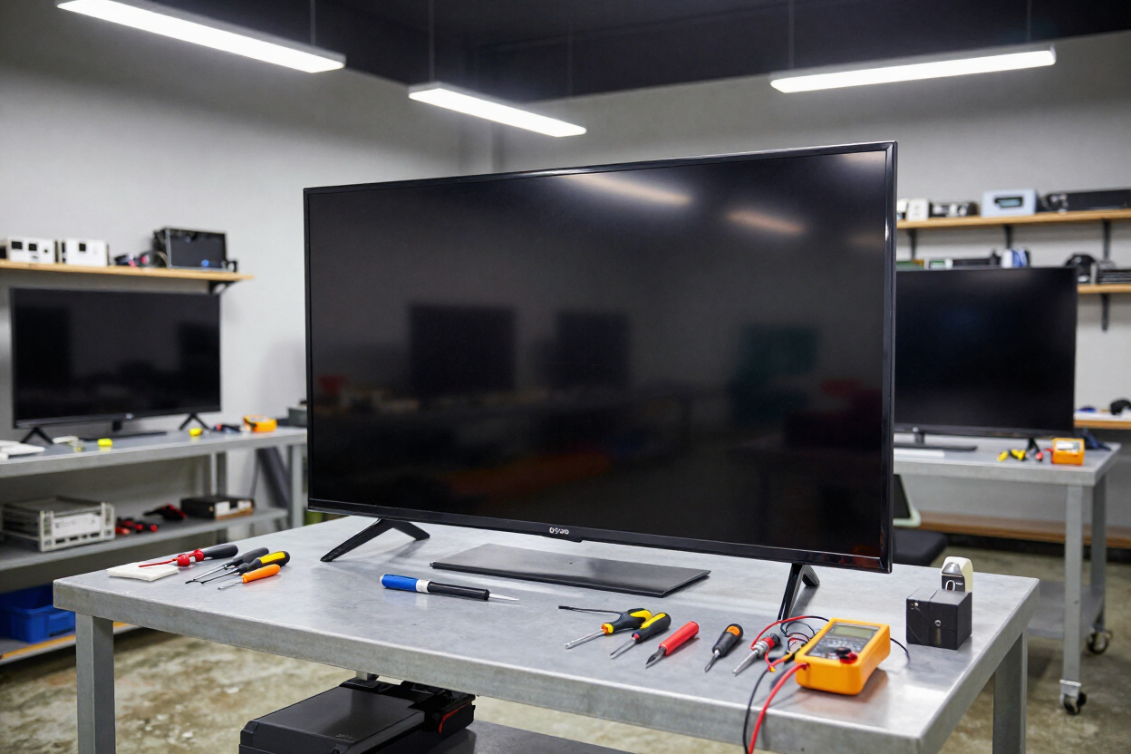 Televisor de pantalla plana grande sobre un banco de trabajo en un taller de reparación de aparatos electrónicos.