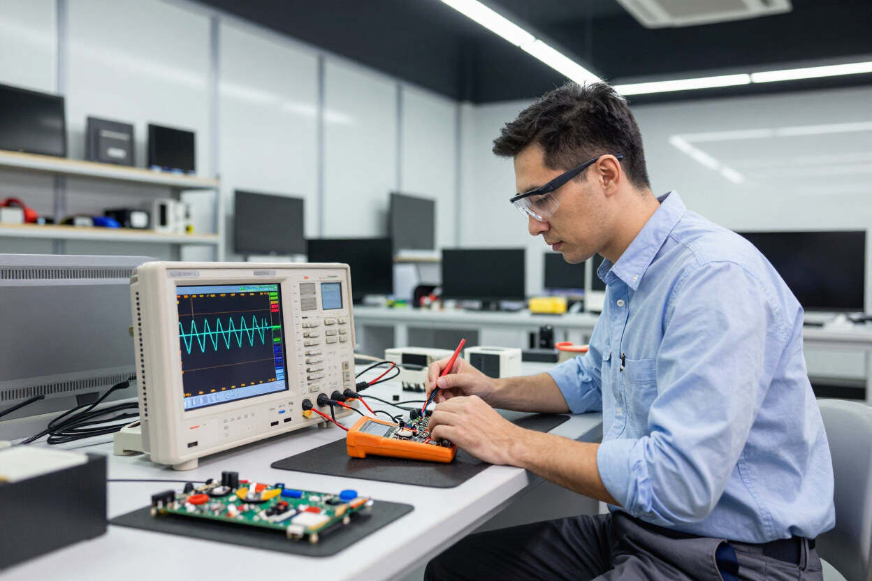 Ingeniero probando componentes electrónicos en un banco de laboratorio con un osciloscopio y herramientas.