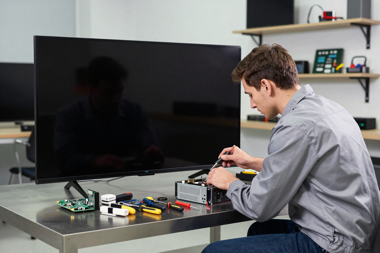 Persona ensamblando componentes electrónicos en un banco de trabajo junto a un monitor grande en una sala tipo laboratorio.