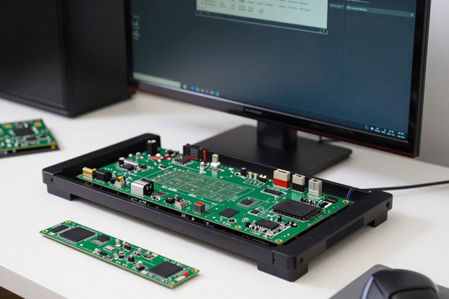 Dispositivo electrónico abierto con placas de circuitos verdes sobre una mesa de trabajo junto a un monitor de ordenador.