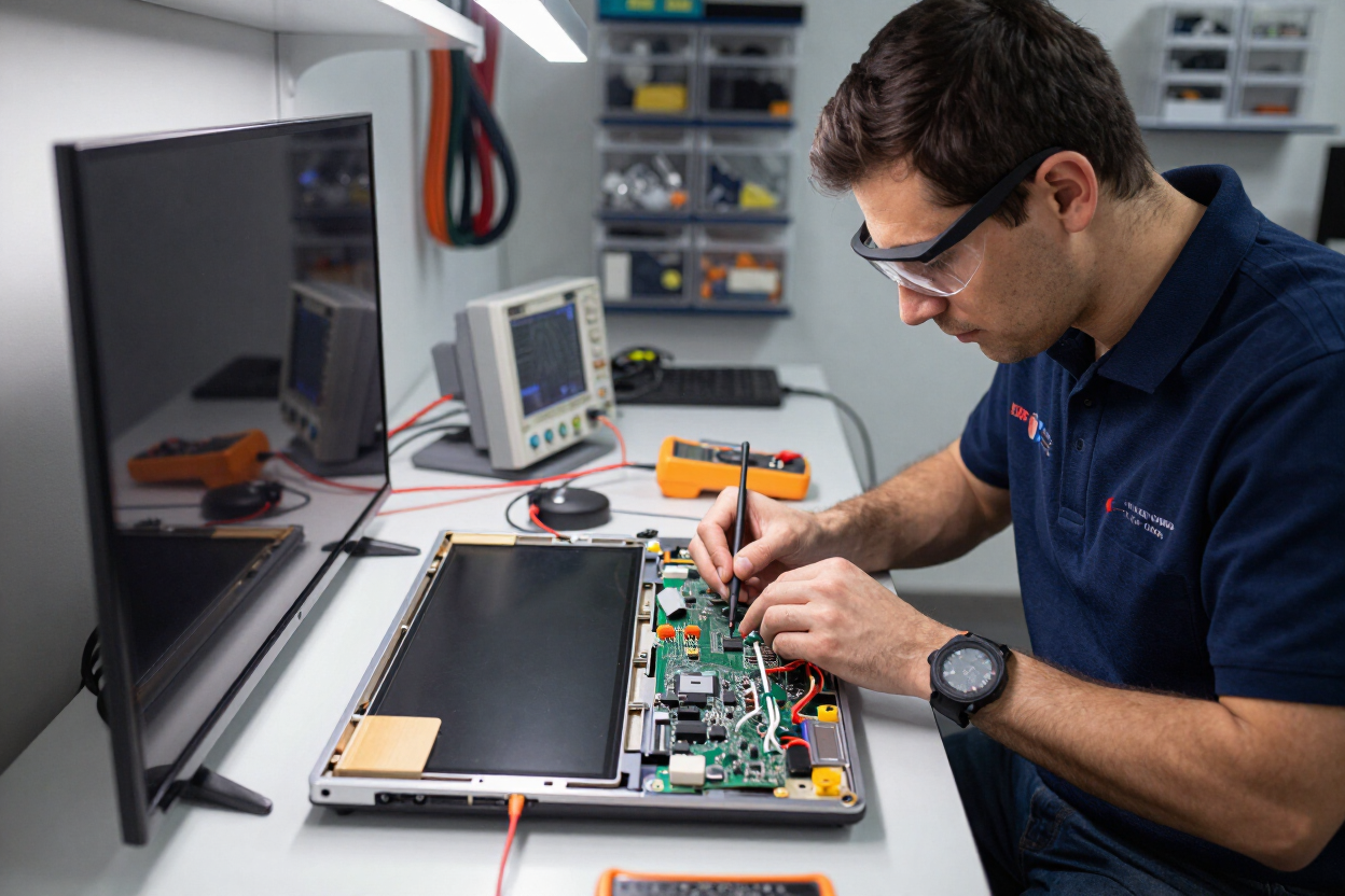 Técnico reparando un ordenador portátil abierto sobre un banco de trabajo en un taller.