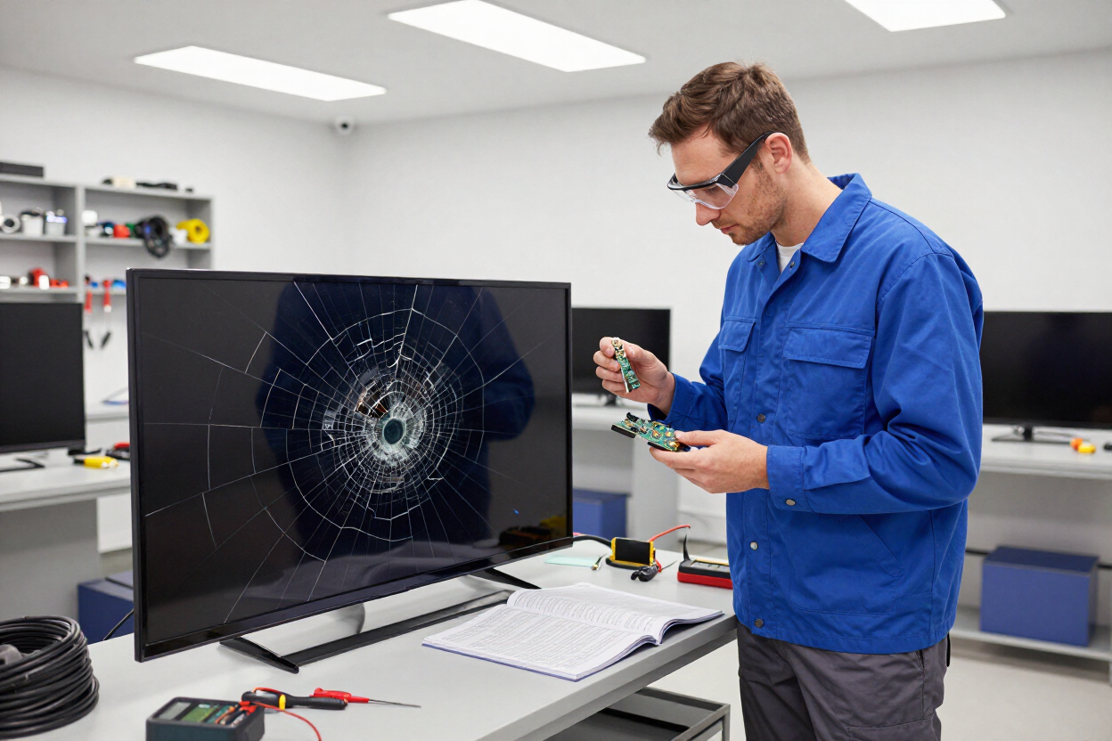 Técnico con camisa azul inspeccionando una pantalla de televisión rota en un taller.