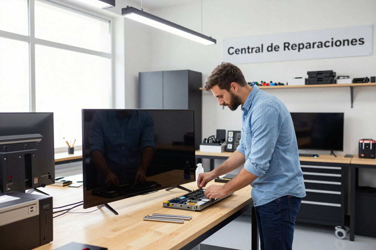 Técnico reparando un ordenador en un banco de trabajo en un taller de reparación de electrónica bien iluminado.