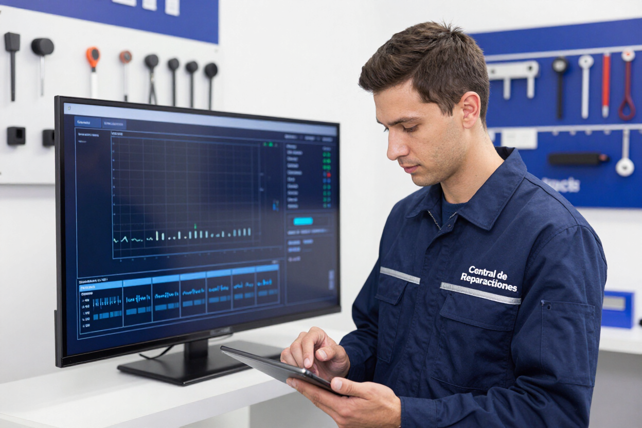 Técnico utilizando una tableta junto a un monitor que muestra software de diagnóstico en un taller.