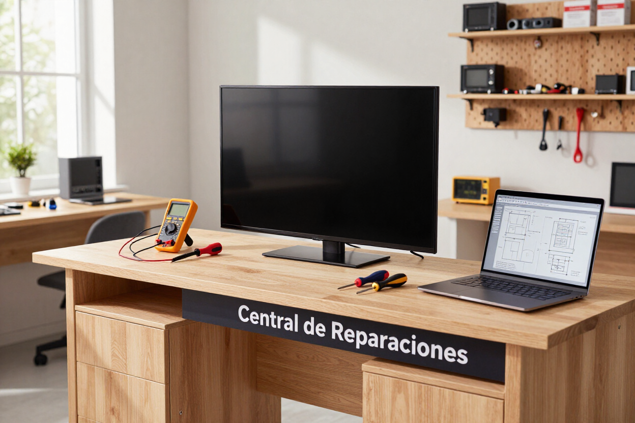 Escritorio de taller de reparaciones con computadora portátil, monitor, herramientas.