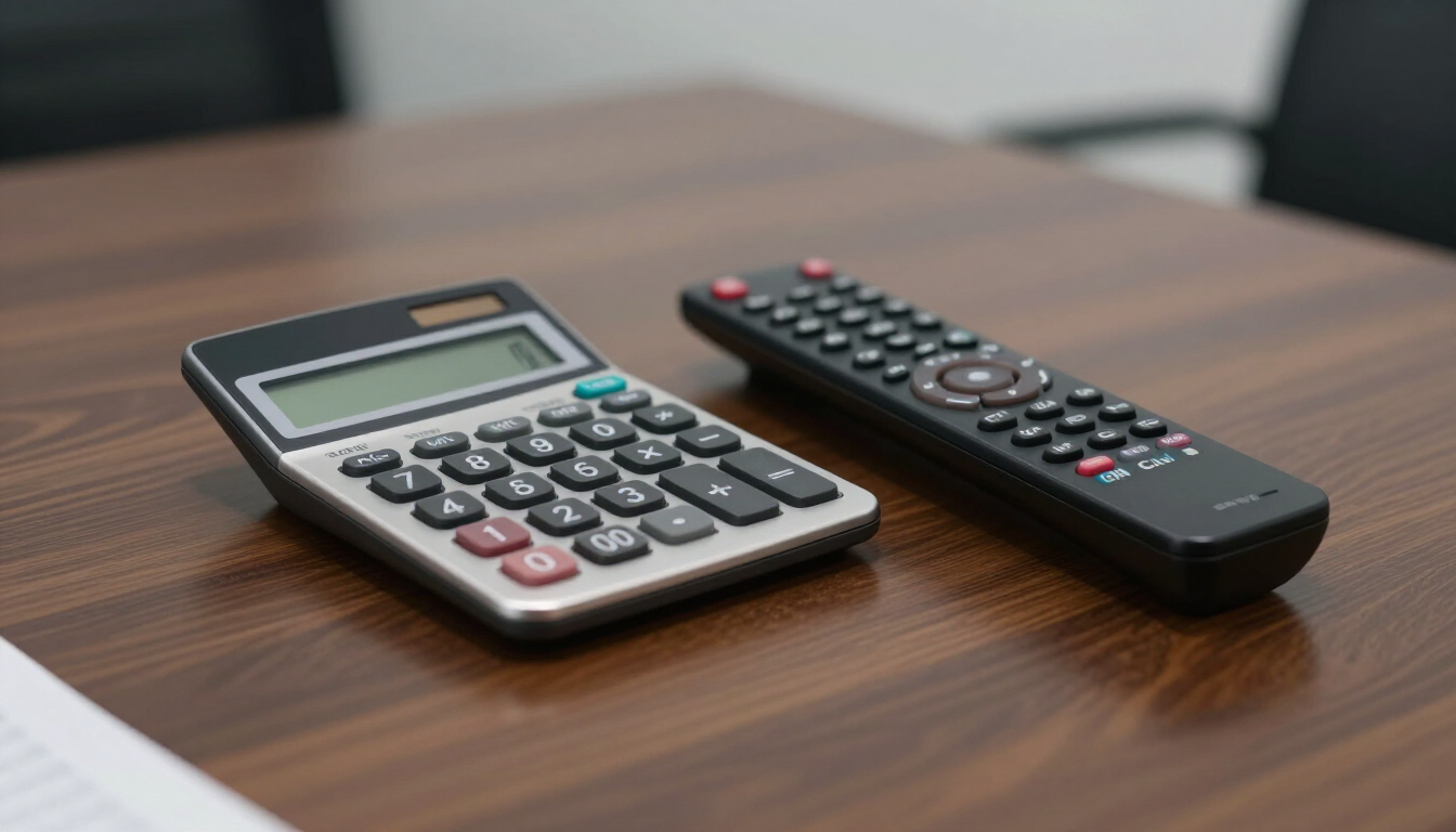 Calculadora y mando a distancia del televisor sobre una mesa de madera.