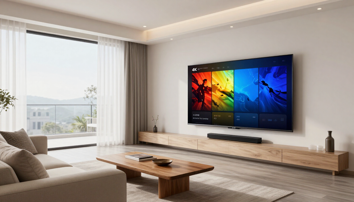 Salón moderno con sofá, mesa de centro de madera, televisor montado en la pared y gran ventanal con vistas a la ciudad.