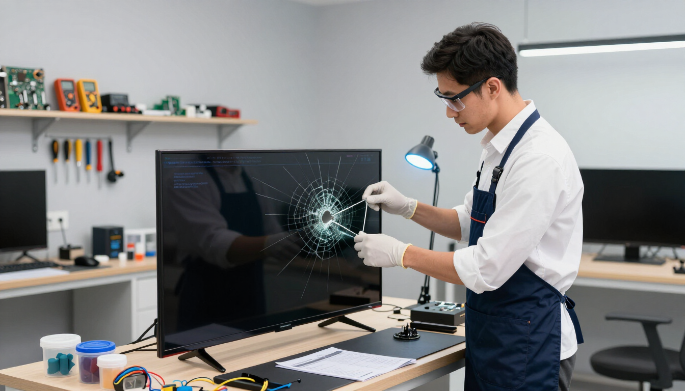 Técnico reparando un monitor de escritorio roto en un espacio de trabajo de oficina bien iluminado.