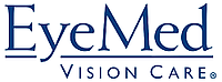 The logo for eyemed vision care is blue and white.