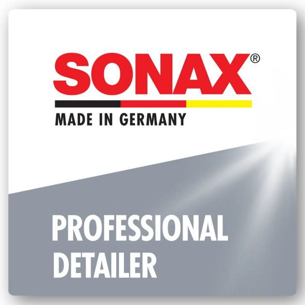 SONAX Professional Detailer spray product label in red, white, gray, and yellow, made in Germany
