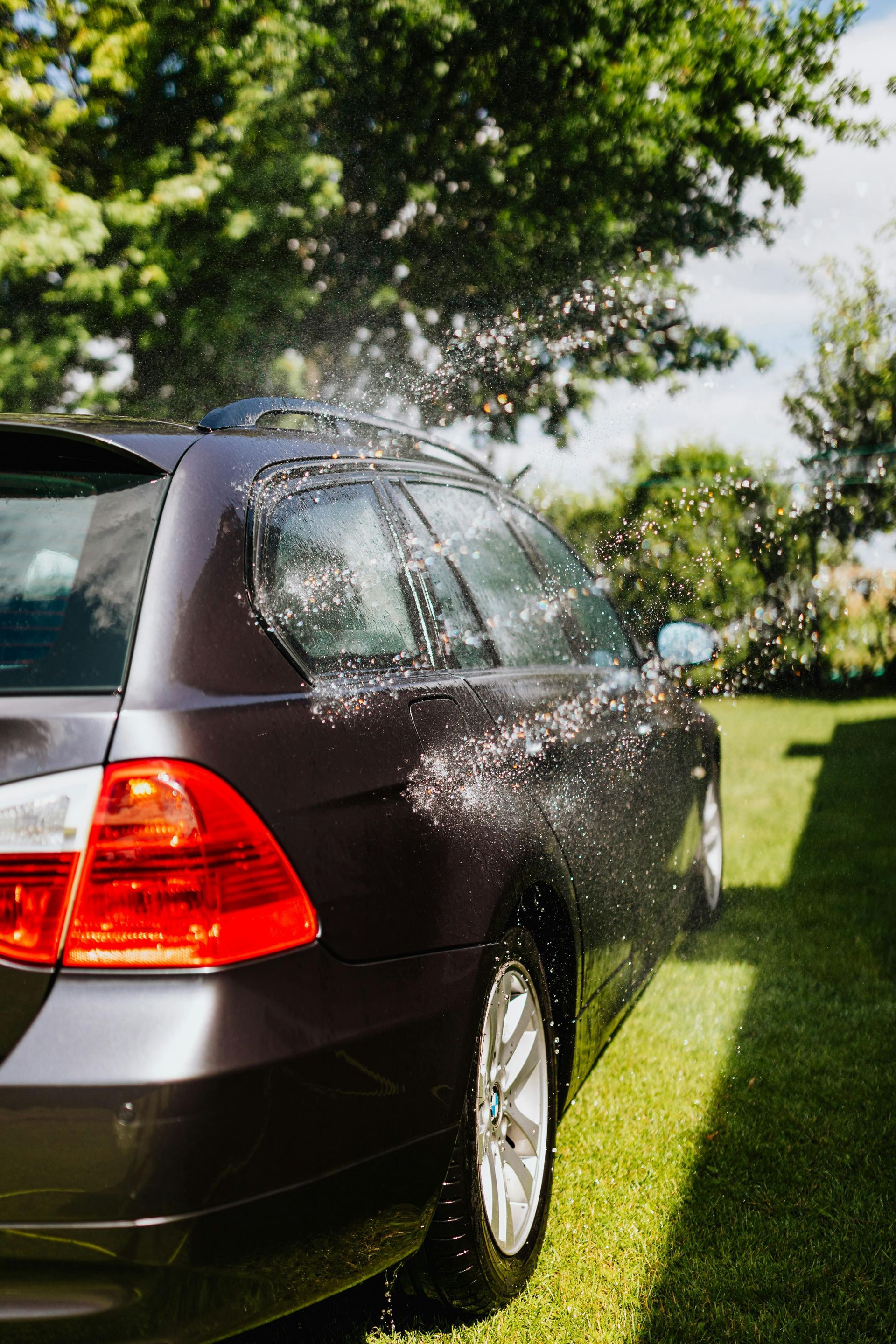 Black car being washed outdoors with water spray, trees and grass in the background