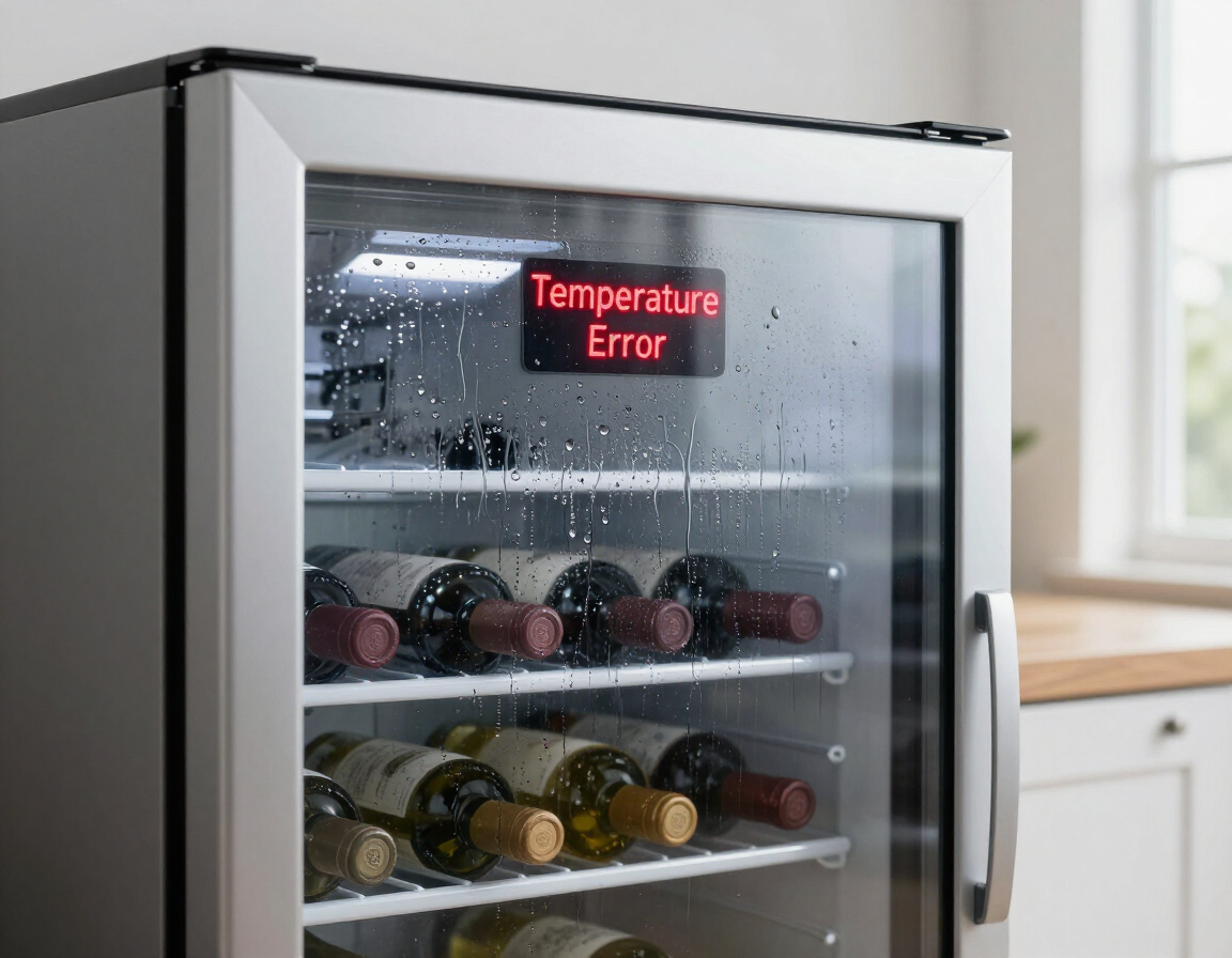 Wine cooler with condensation on glass door indicating a thermostat fault - Clinton NC appliance repair