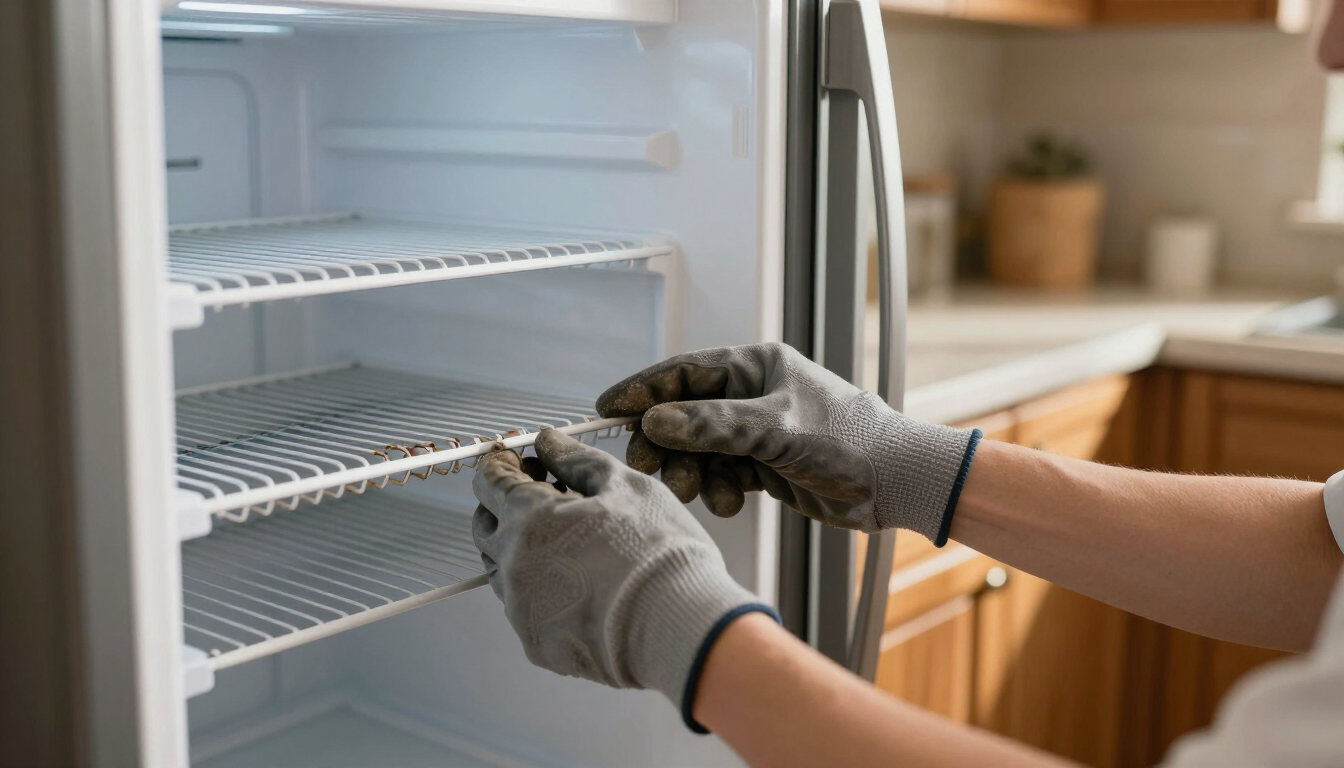 Technician inspecting refrigerator coils during a refrigerator and freezer repair service call in a residential kitchen in Clinton NC