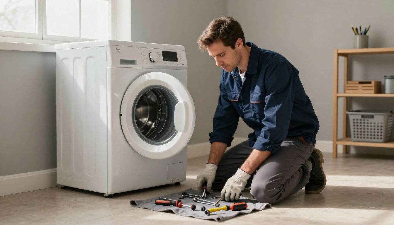 Technician kneeling beside a front-load washer during a washer and dryer repair service call in a Clinton NC home laundry room