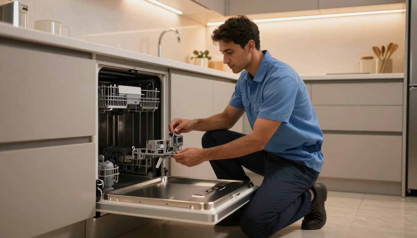 Technician checking dishwasher door latch in a residential kitchen during a dishwasher repair visit in Clinton NC