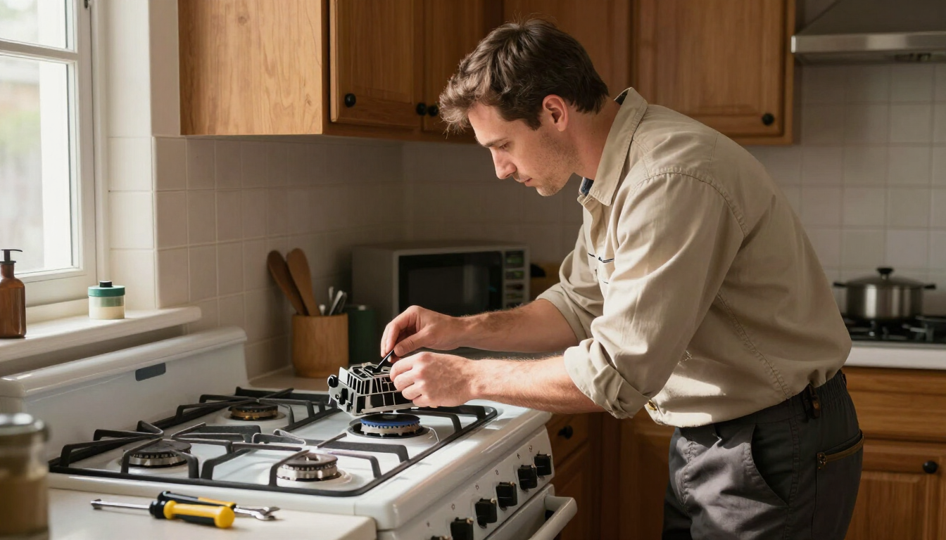 Technician examining a gas range burner assembly during an oven range and cooktop repair call in a residential Clinton NC kitchen