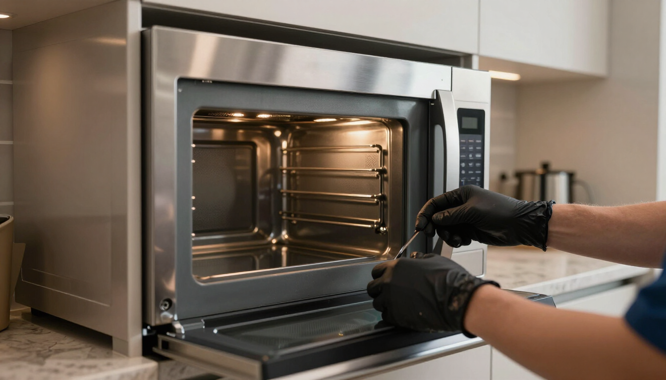 Technician checking interior of an over-the-range microwave during a microwave and range hood repair call in Clinton NC
