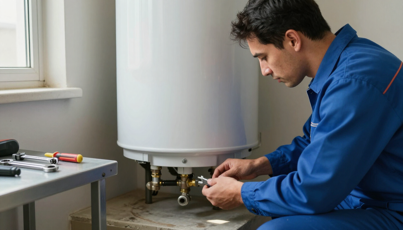 Technician inspecting the base of a residential water heater in a utility room during a water heater and garbage disposal repair visit