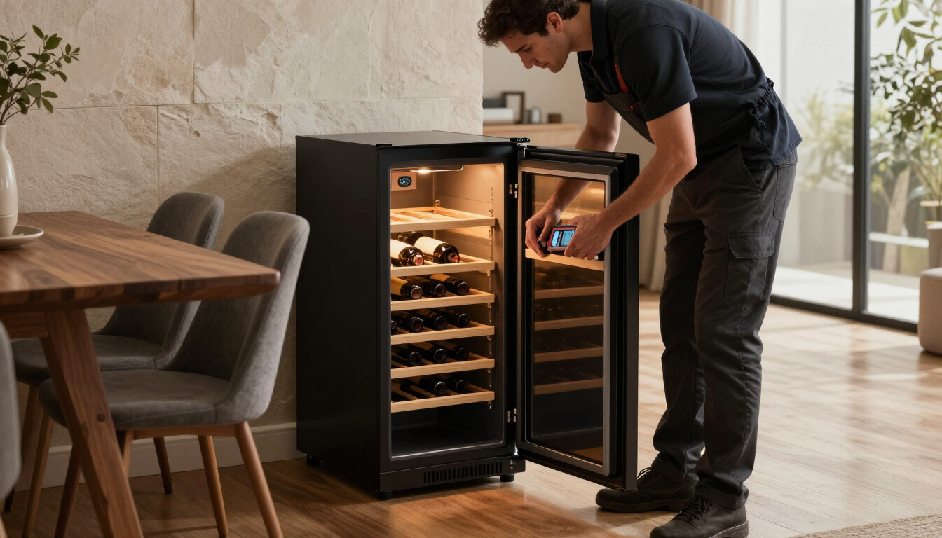 Technician checking the temperature sensor on an open wine cooler unit in a residential dining room during a specialty appliance repair call