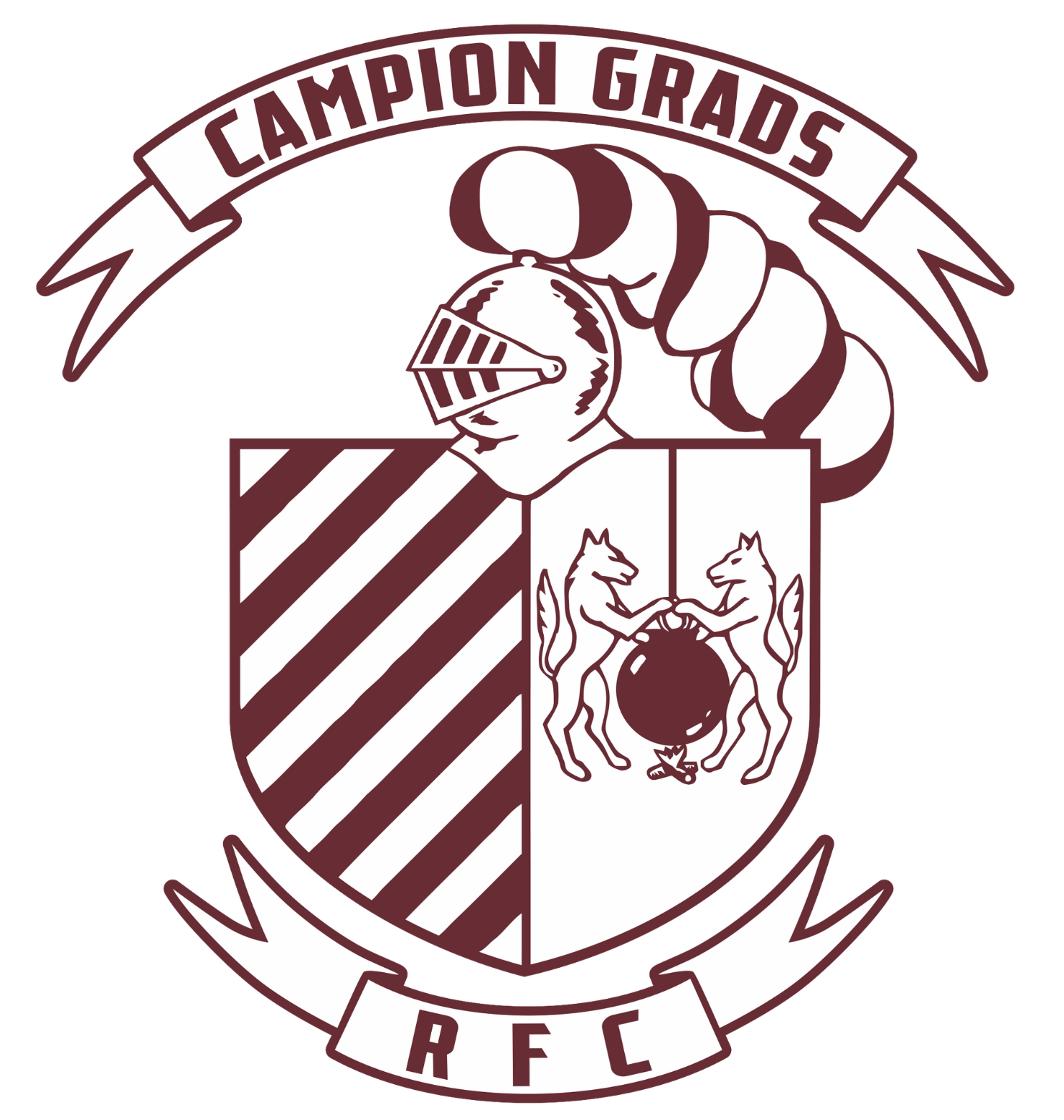 A maroon and white crest for Campion Grads RFC featuring a knight's helmet, a shield with stripes and wolves, and a banner.