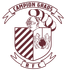 A maroon and white crest for Campion Grads RFC featuring a knight's helmet, a shield with stripes and wolves, and a banner.