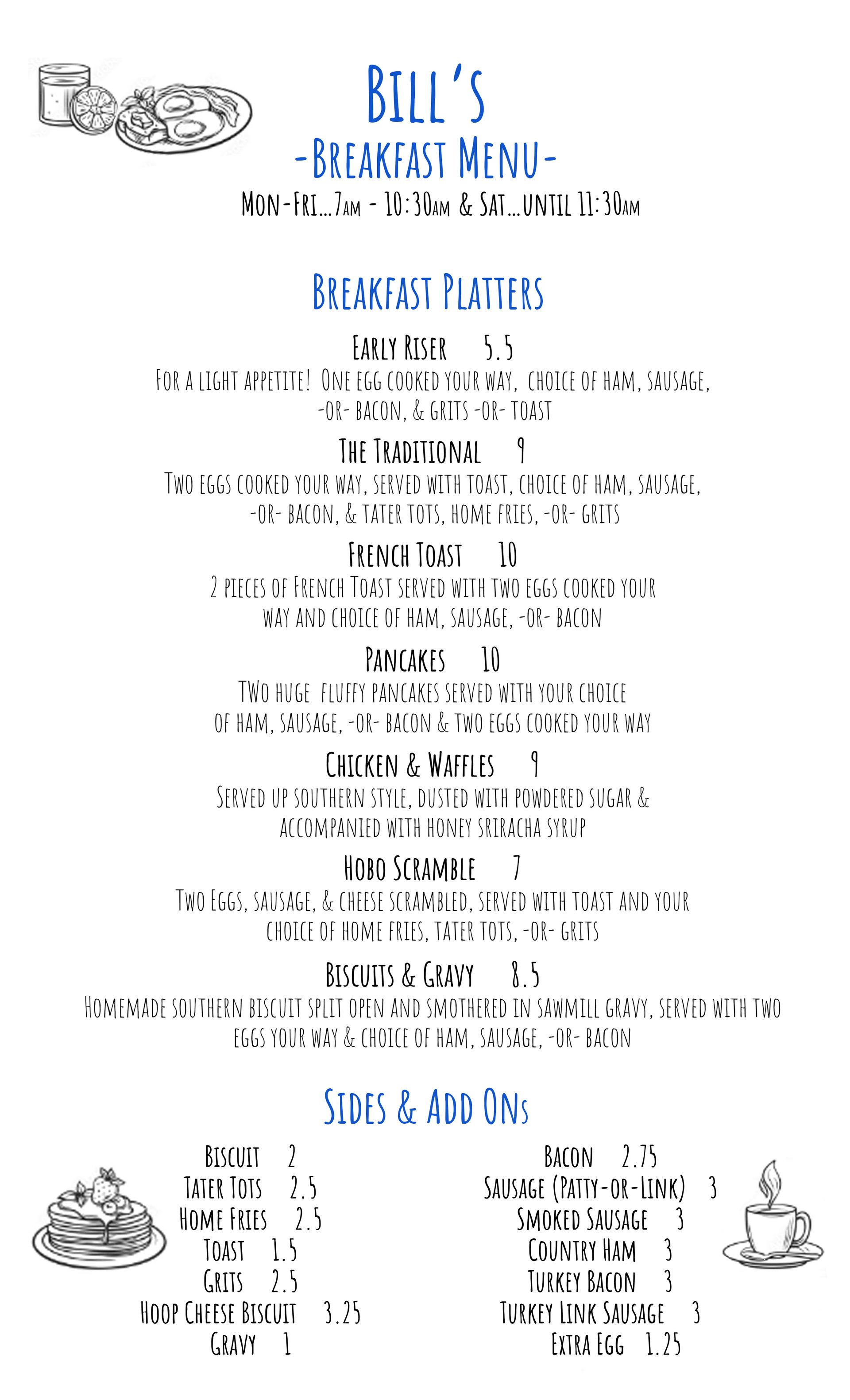 Bill's Grill Wilson, NC Menu