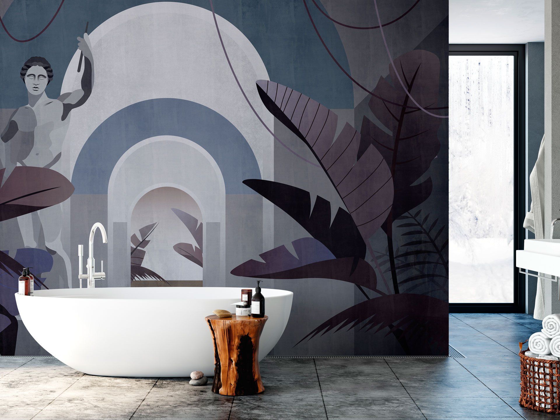 Un bagno con un grande murale sulla parete e una vasca da bagno.