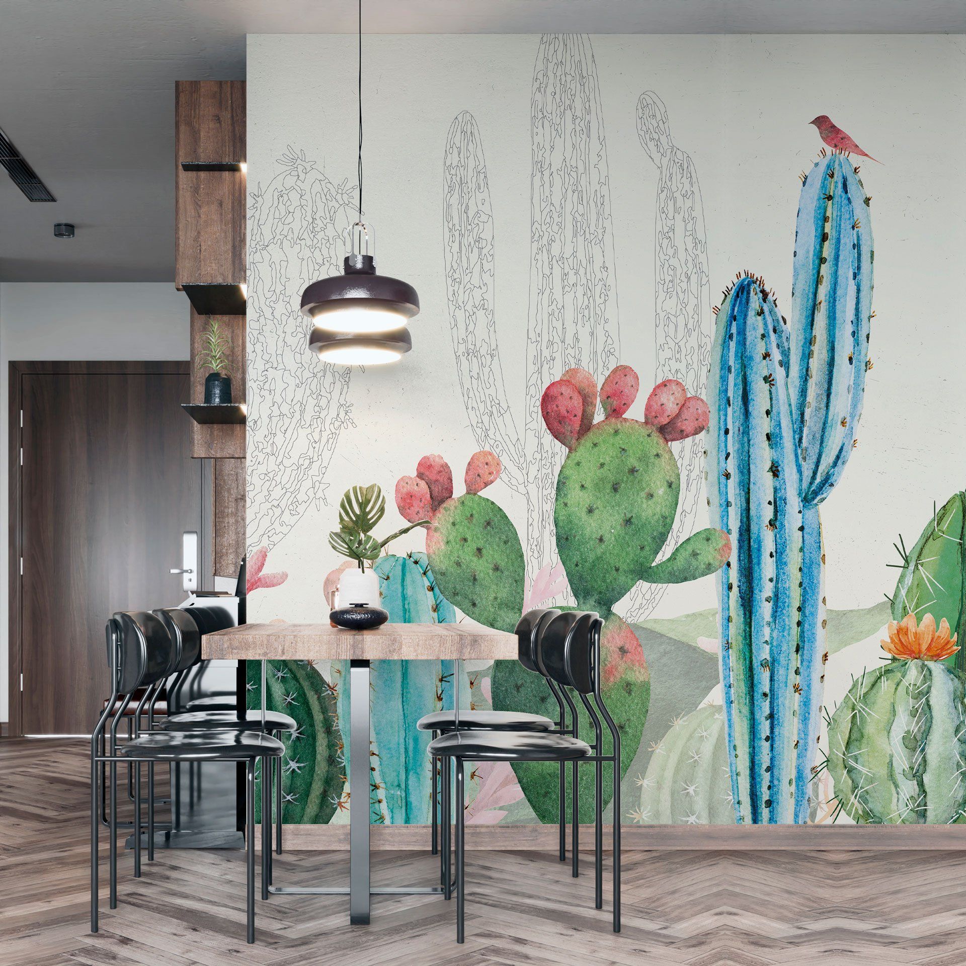 Una sala da pranzo con un murale di cactus sul muro