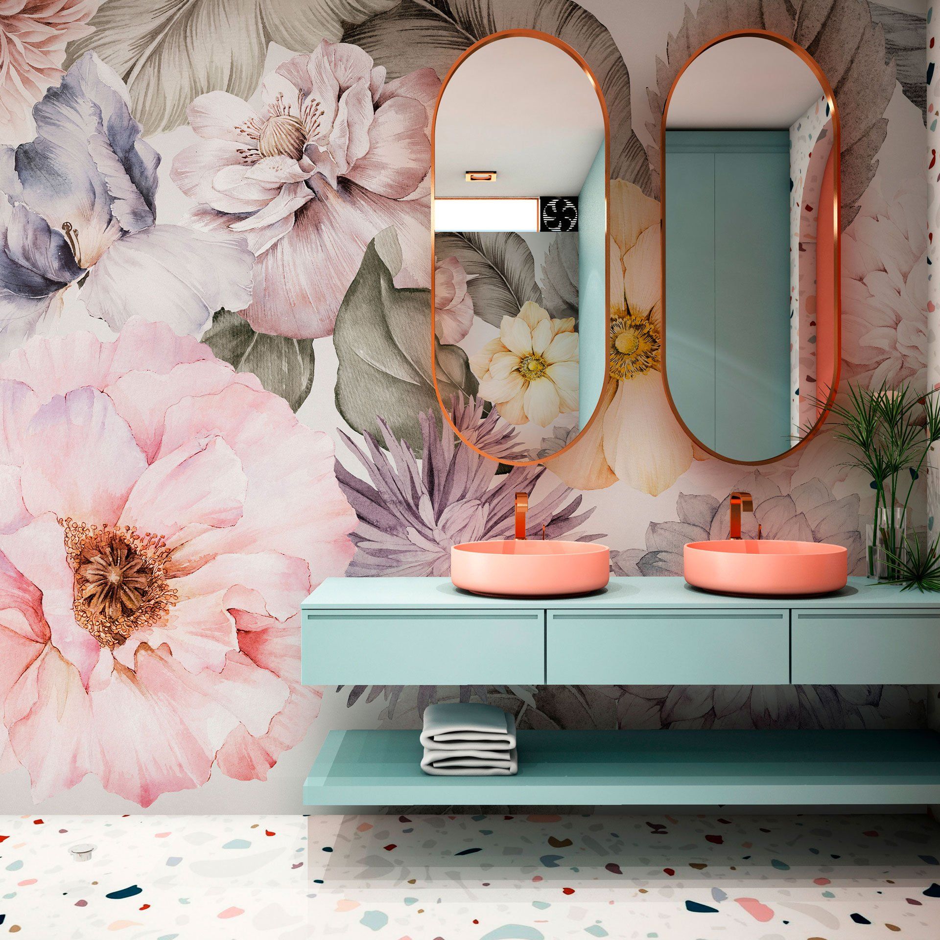 Un bagno con due lavandini e una grande parete floreale