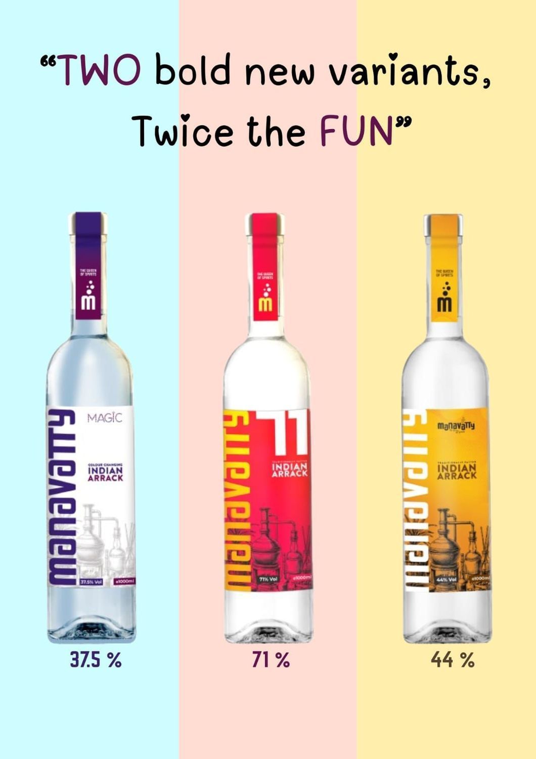 A promotional graphic shows three bottles of Manavarry liquor on colored backgrounds with 37.5%, 71%, and 44% alcohol labels.