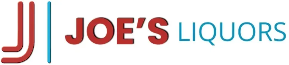 The logo for joe 's liquors is red and blue.