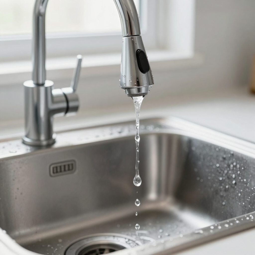 Chrome kitchen faucet dripping water into a stainless steel sink.
