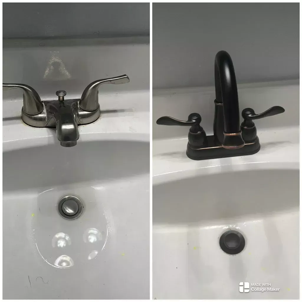 Side-by-side bathroom sinks with two different faucets, one chrome and one black.