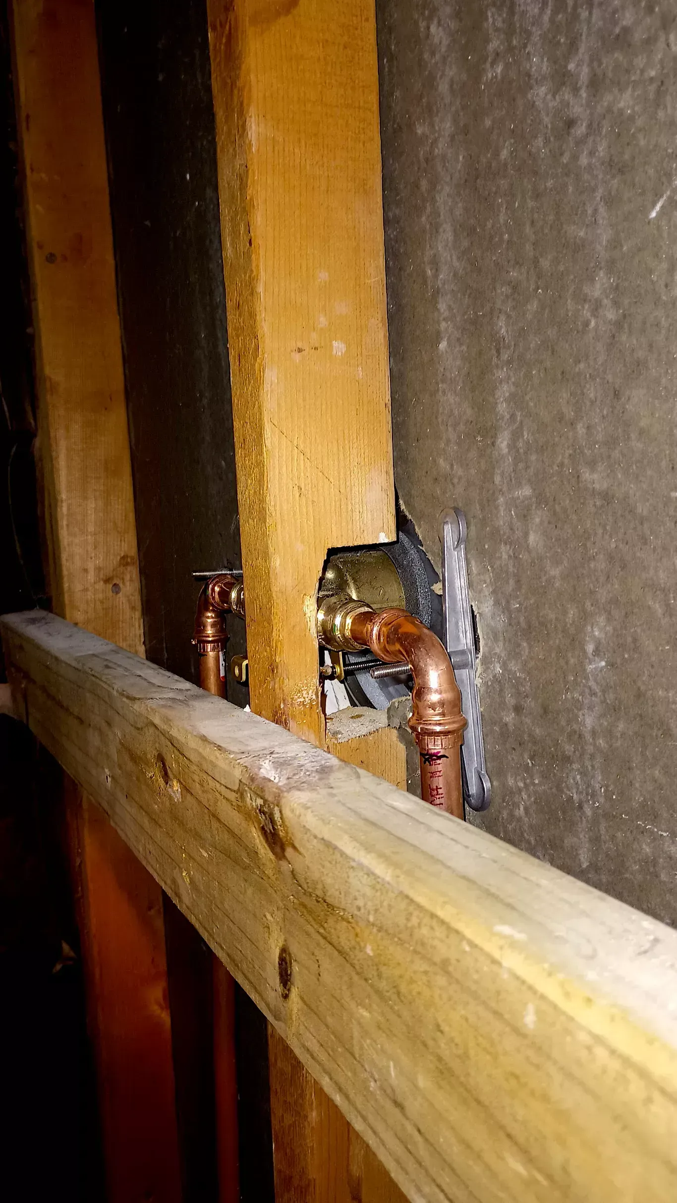 Small brown spider on a wooden beam inside a wall opening.