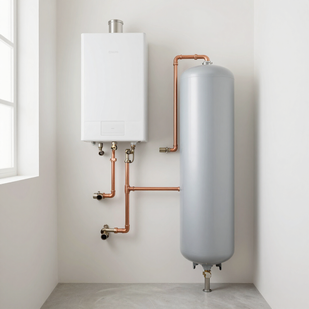 White wall-mounted boiler beside a tall silver hot water tank with copper pipes in a bright utility room