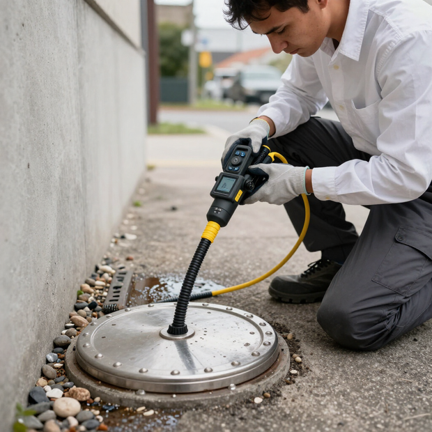 Worker using a power tool to clean a round metal sewer or utility cover beside a wall