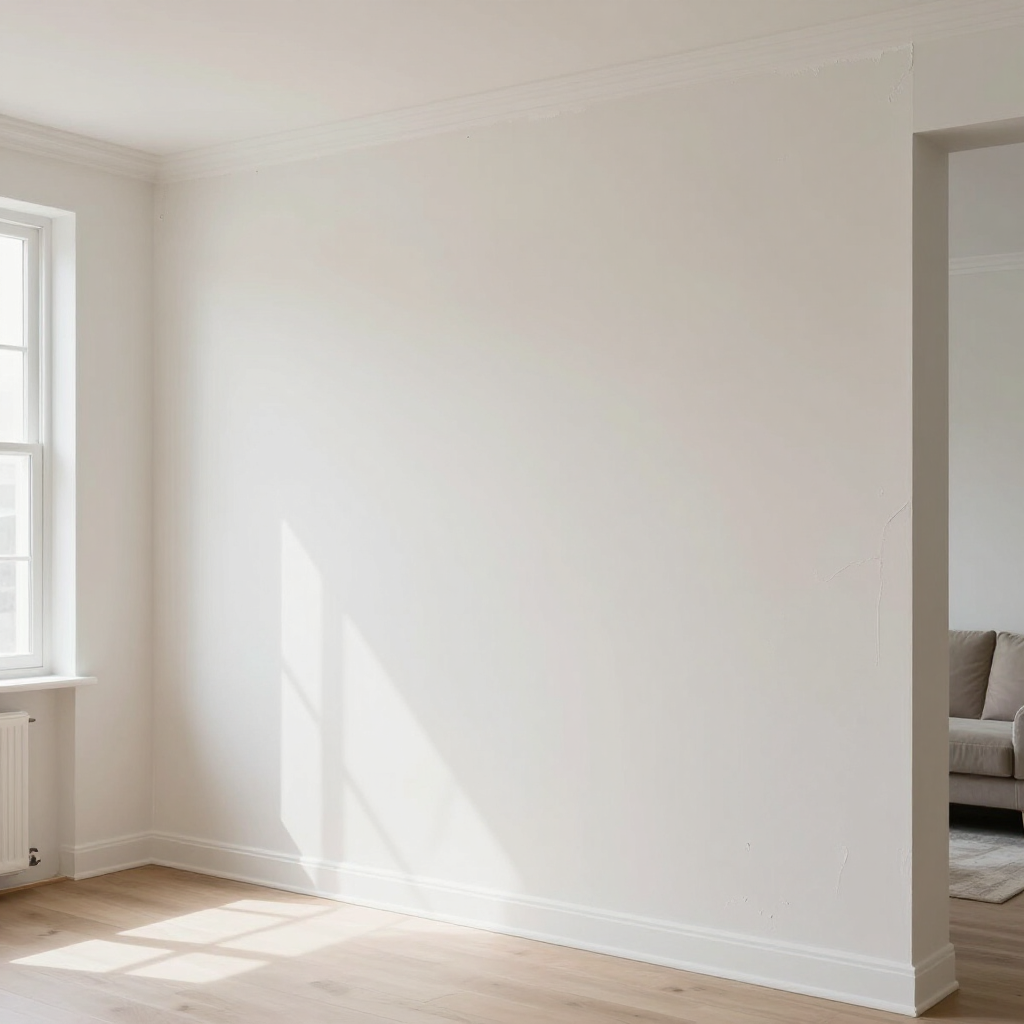 Bright empty white room with sunlight on the floor, a window, and an open doorway to a bedroom.